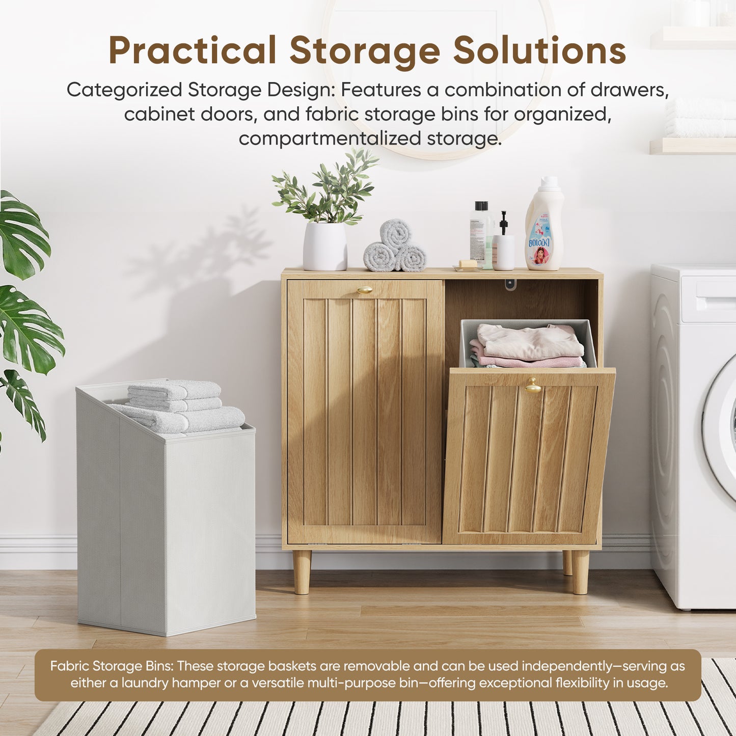 Semiocthome Laundry Hamper Cabinet with 2 Removable Fabric Bins, Storage Cabinet for Laundry Room, Bathroom Cabinet