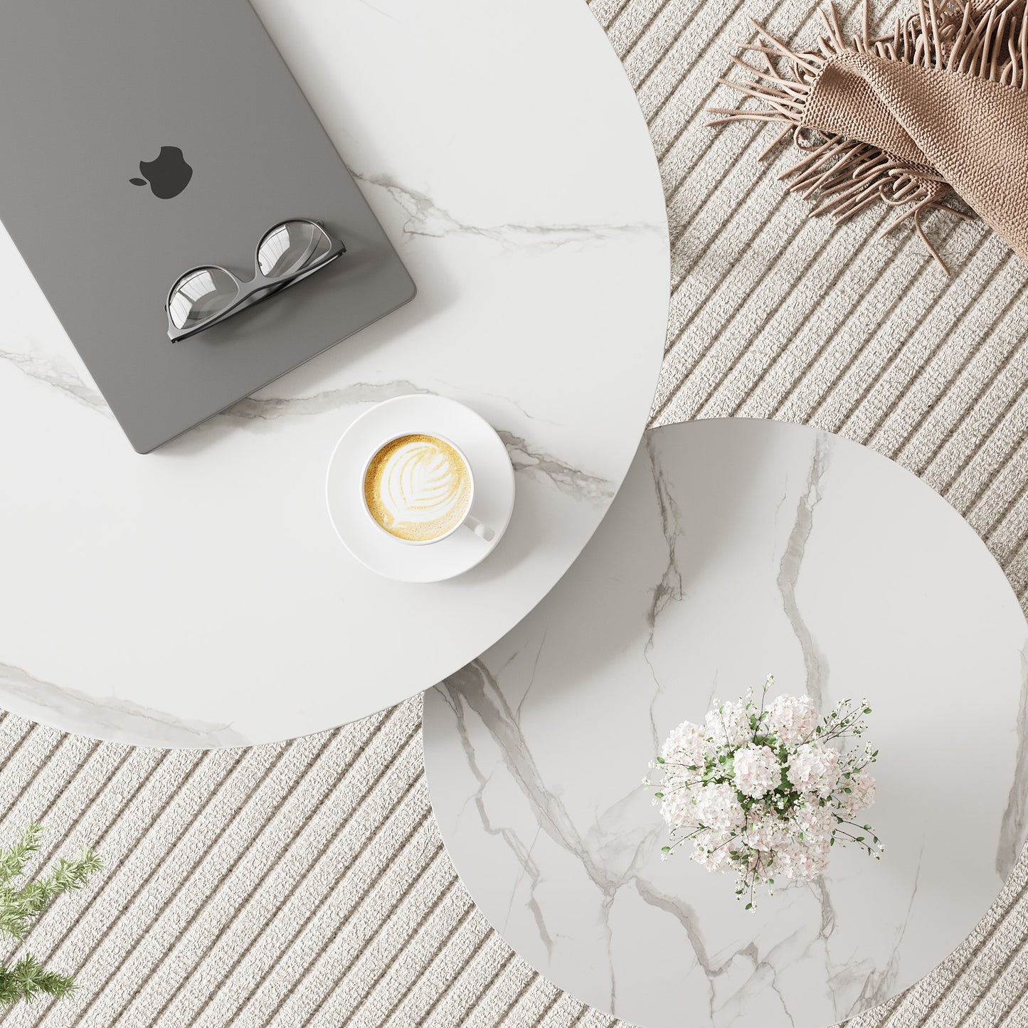 Algherohein Round Nesting Coffee Table Modern Marble Top Set of 2 for Living Room White
