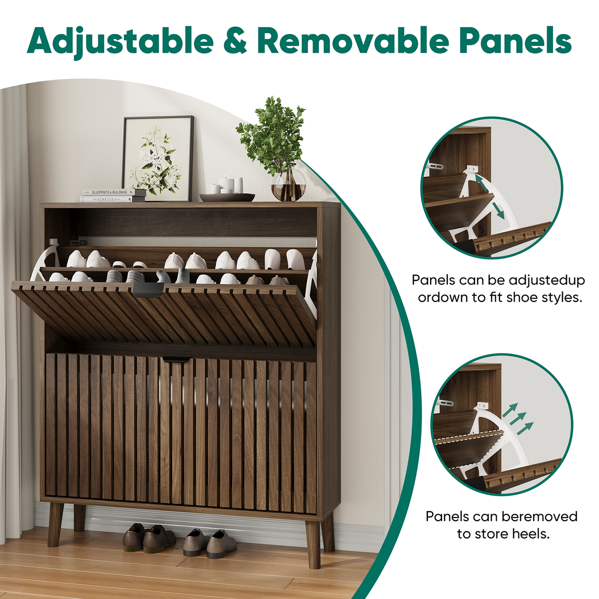 Semiocthome 31.5" Shoe Cabinet, Shoe Storage Cabinet with 2 Flip Drawers, Ventilated Grille Design,Tall Legs, Entryway, Walnut