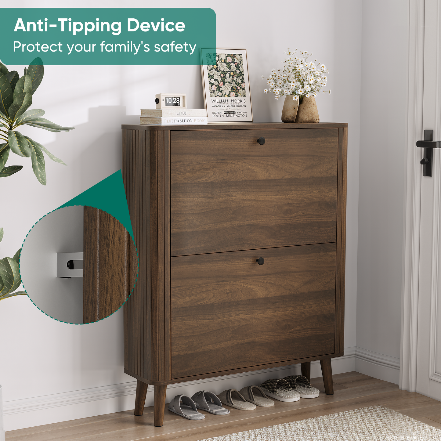 Semiocthome 31.5" Shoe Cabinet with 2 Flip Drawers, Curved Edge and Grille Stripe, Entryway, Walnut