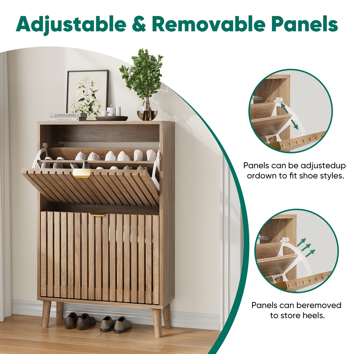 Semiocthome 23.6" Shoe Cabinet, Shoe Storage Cabinet with 2 Flip Drawers, Ventilated Grille Design,Tall Legs, Entryway, Natural