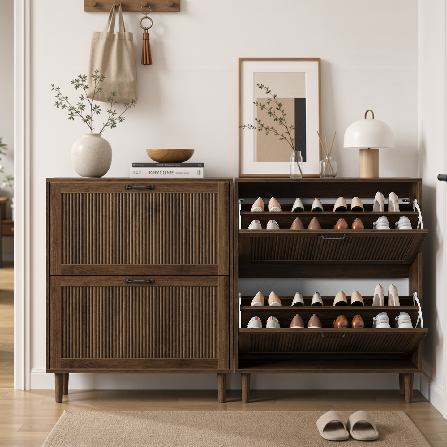 Semiocthome Shoe Cabinet Small Fluted Doors 2 Flip Drawers Entryway Walnut 31.5"