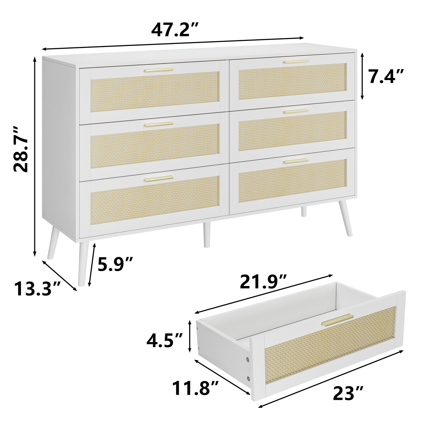 Algherohein Rattan Double Dresser with 6 Drawer for Bedroom,Chest of Drawers