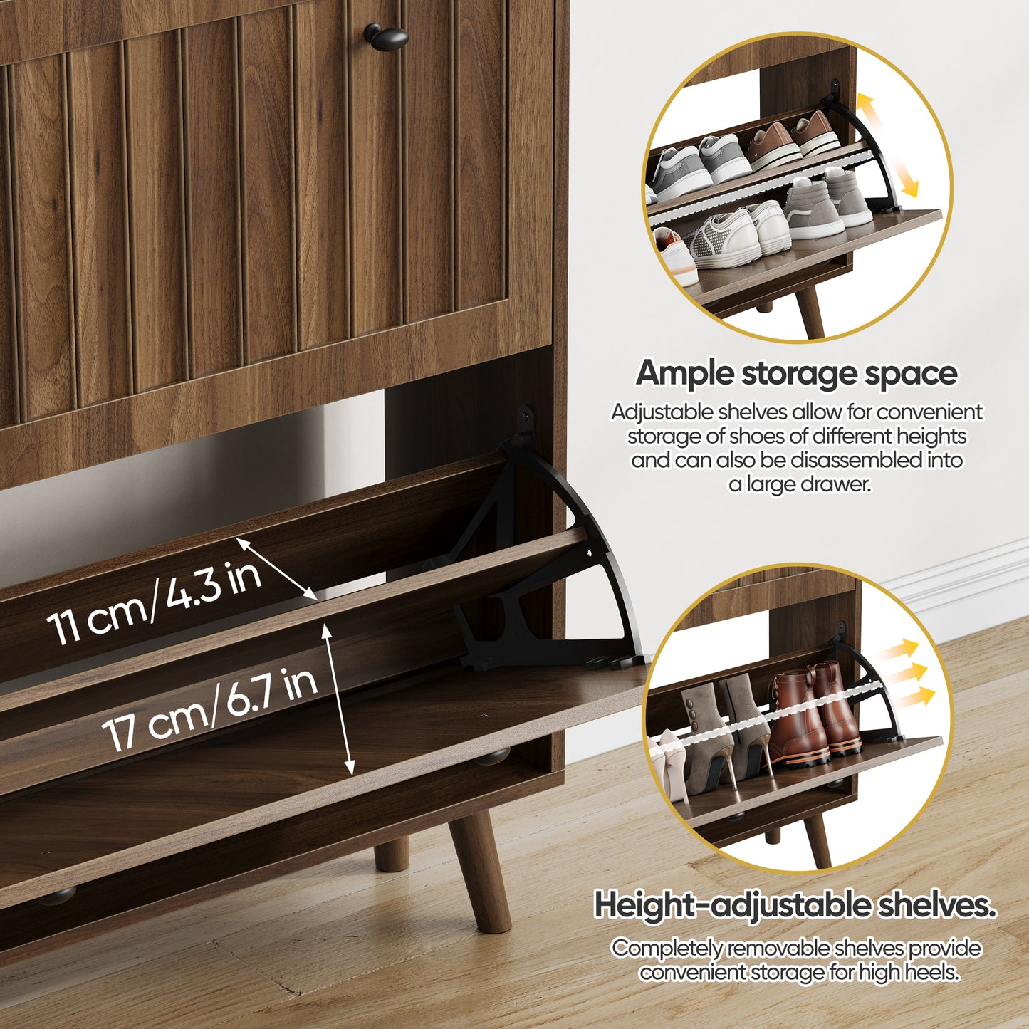 Semiocthome 31.5" Shoe Cabinet with 2 Flip Drawers, Farmhouse Shoe Rack for Entryway ,Walnut