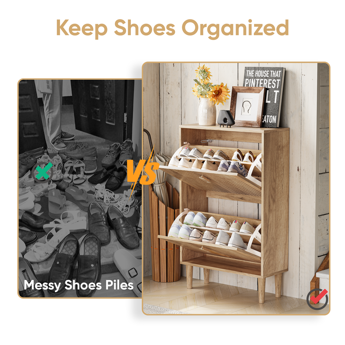Algherohein Shoe Organizer with 2 Flip Drawers & Adjustable Shelves, Freestanding Wood Slim Shoe Storage Cabinet for Enterway & Hallway