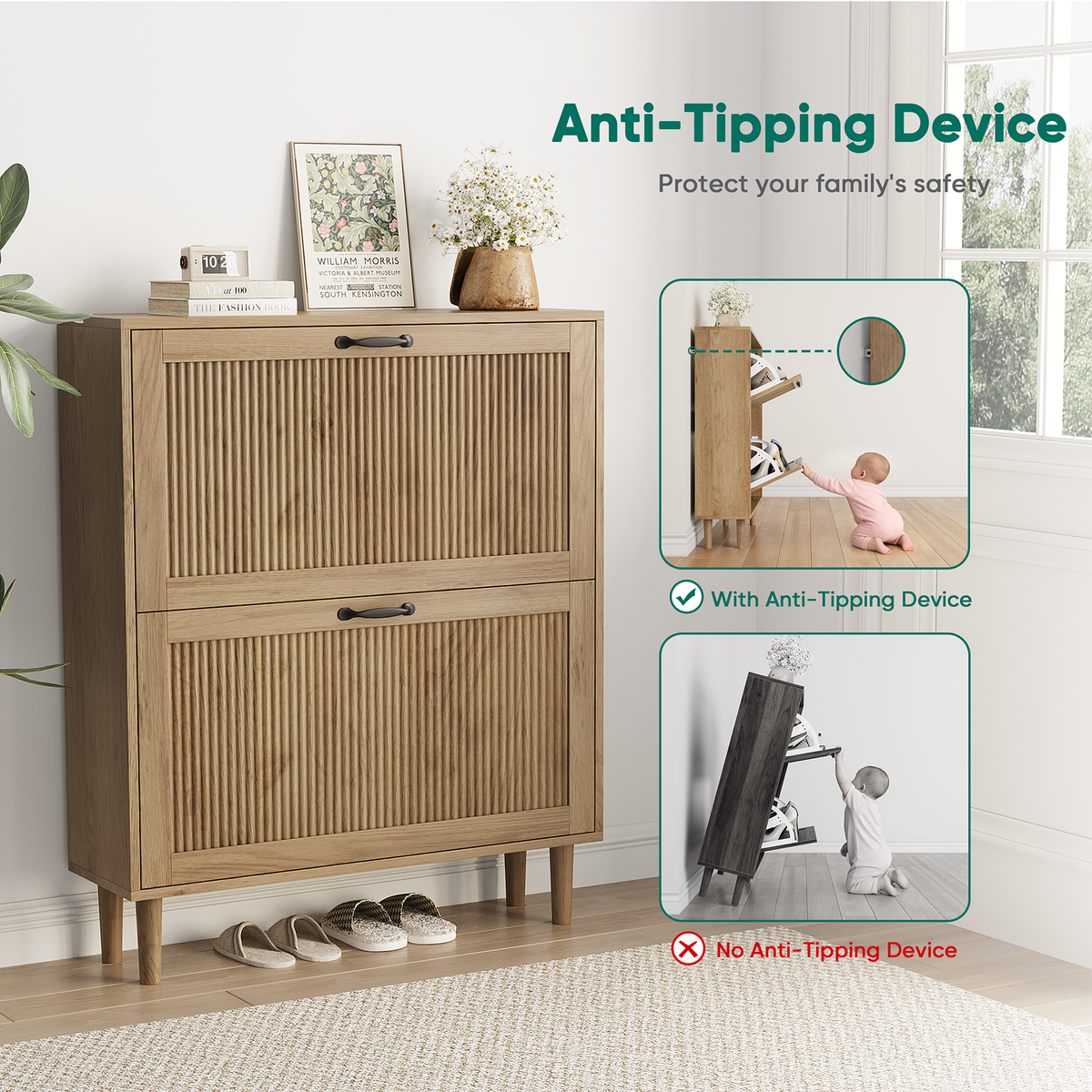 Semiocthome 31.5" Shoe Cabinet with 2 Flip Drawers, Small Fluted Doors, Shoe Storage Cabinet for Entryway,Natural