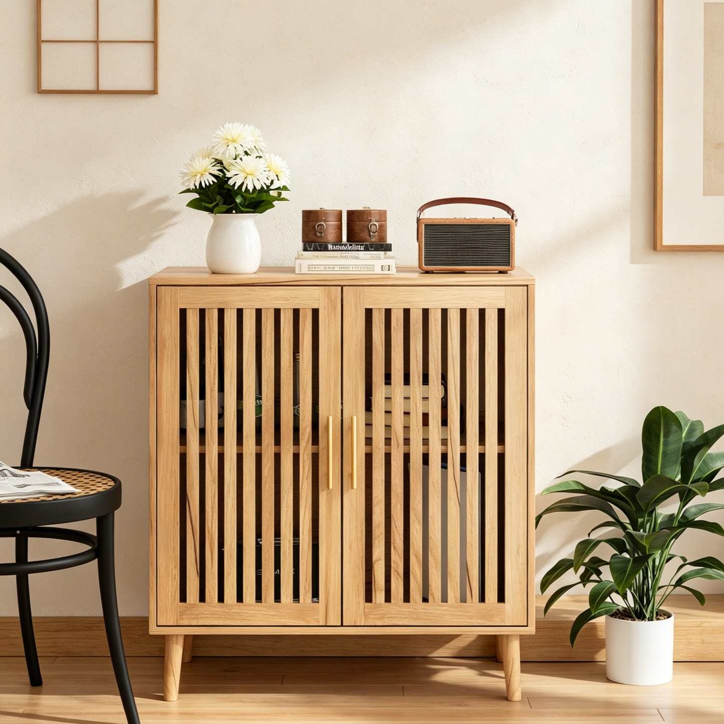 Algherohein Modern Sideboard Buffet with Slatted Barn Doors, Wood Accent Storage Consol, TV Stand, Coffee Bar for Dining Room