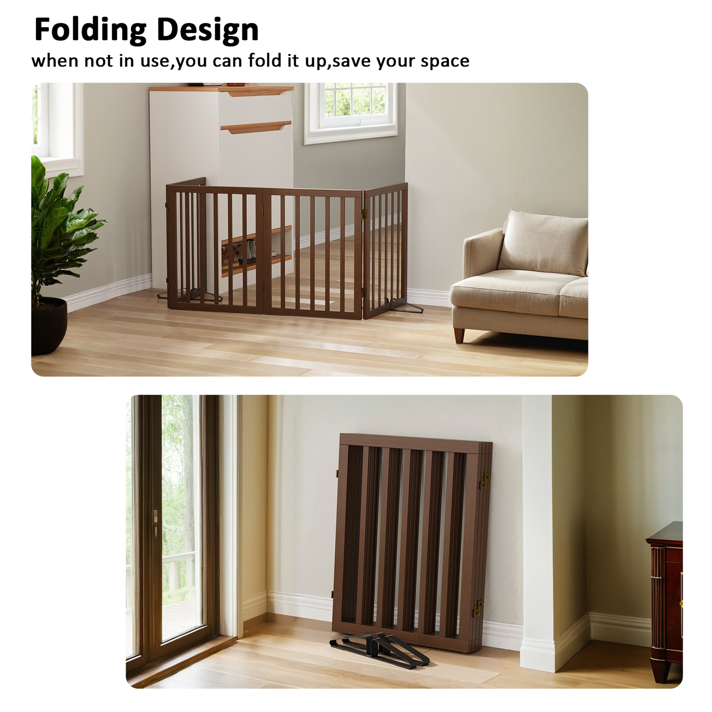 Smart FENDEE Bamboo Dog Gate Freestanding 4 Panel Pet Gate for Doorways, 2 Support Feet, Espresso
