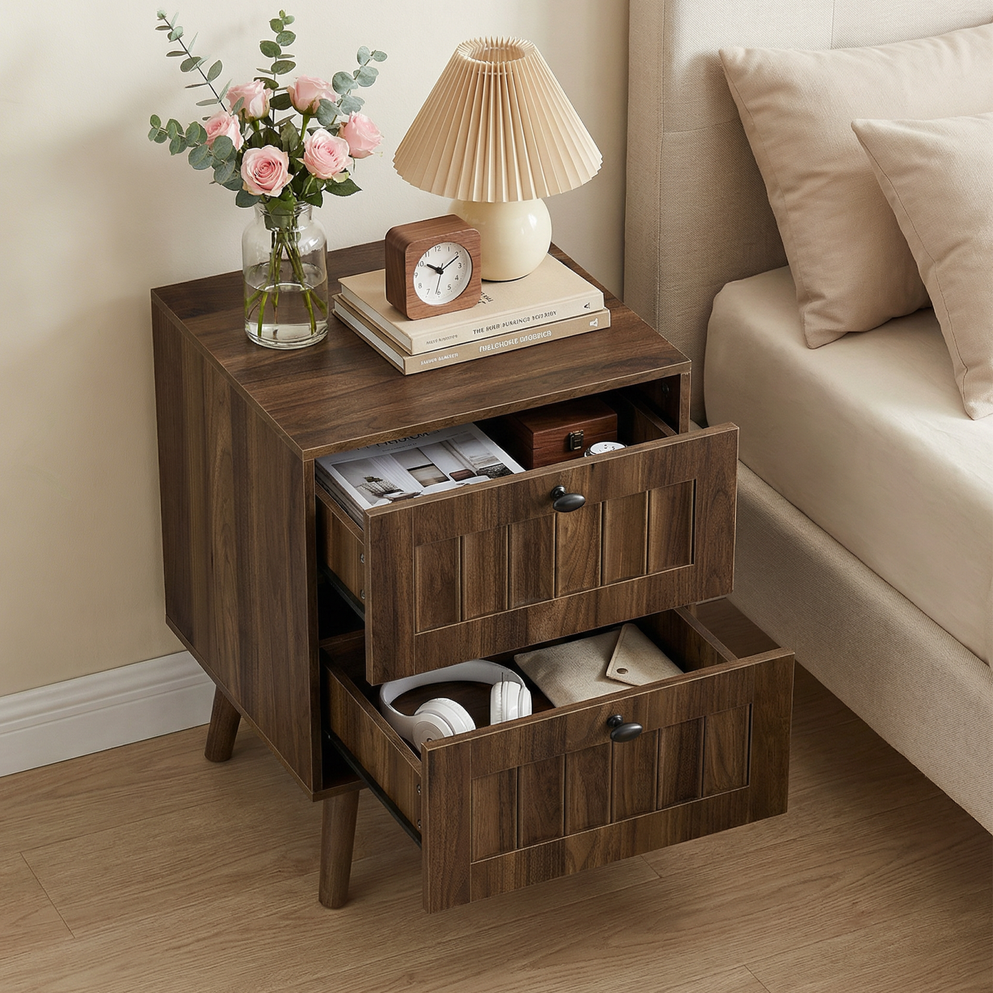 Semiocthome Nightstand Set of 2, bedside table with 2 Drawers, end tables for bedroom, Walnut