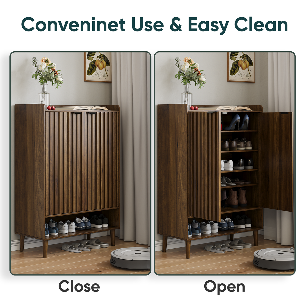 Semiocthome 6-Tier Shoe Cabinet with Fluted Doors and Adjustable Shelves, Shoe Storage for Entryway,Walnut
