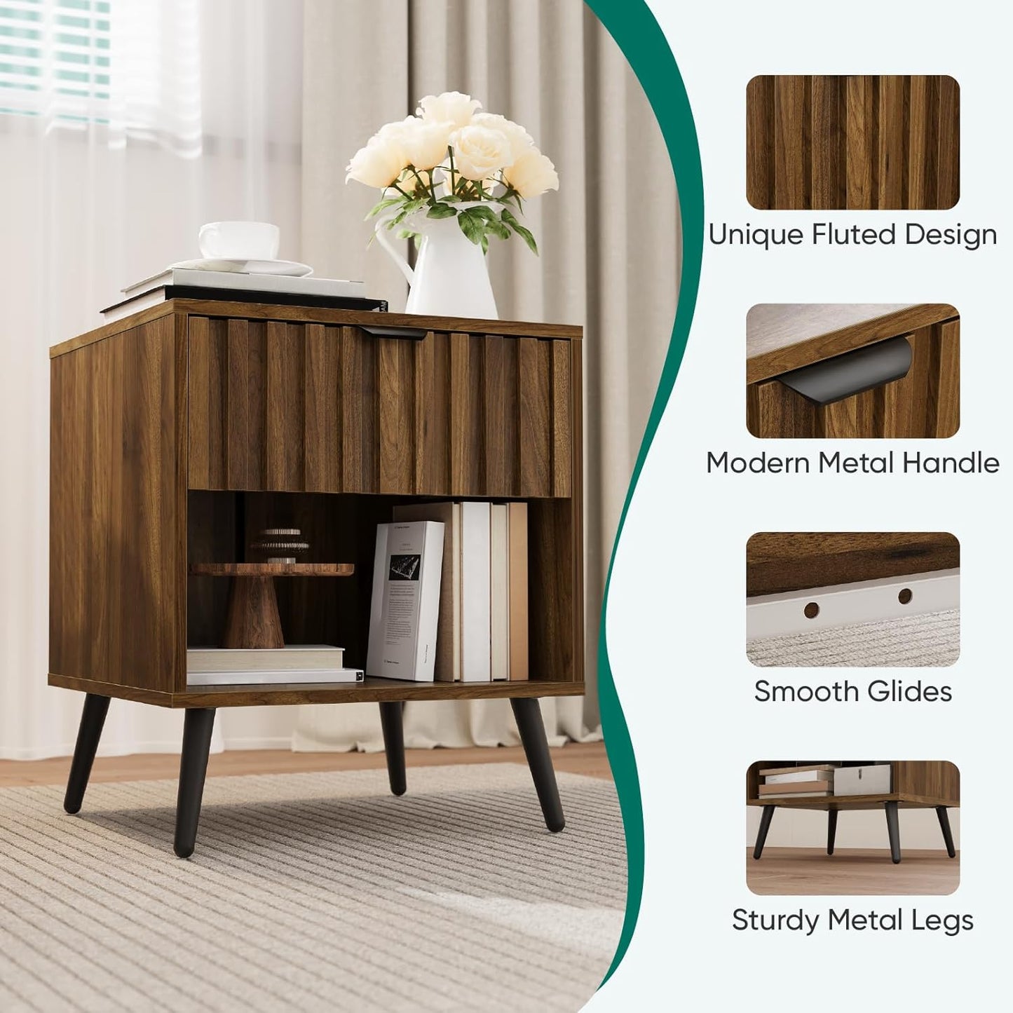 Semiocthome Mid Century Nightstand with Drawer and Open Shelf,Bedside Table for Bedroom,Walnut,Adult