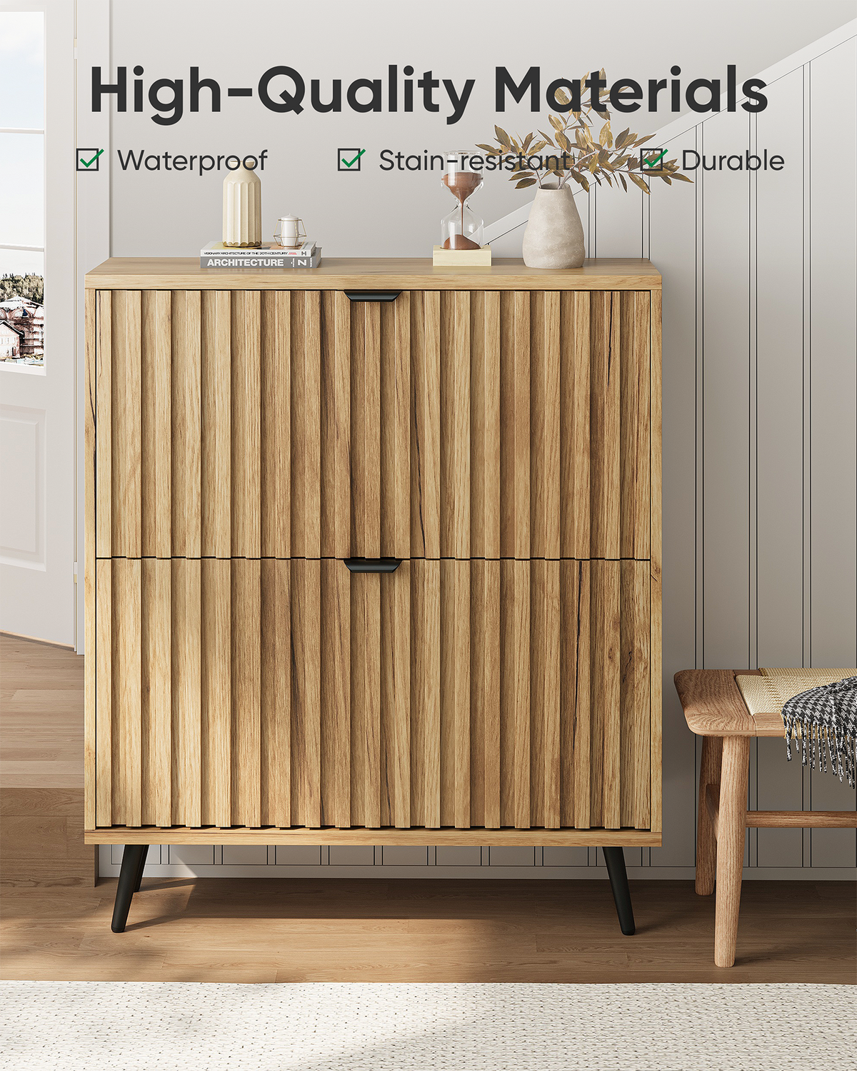 Smart FENDEE Shoe Cabinet with 2 Flip Drawers Freestanding Shoe Storage Cabinet, Entryway, Natural
