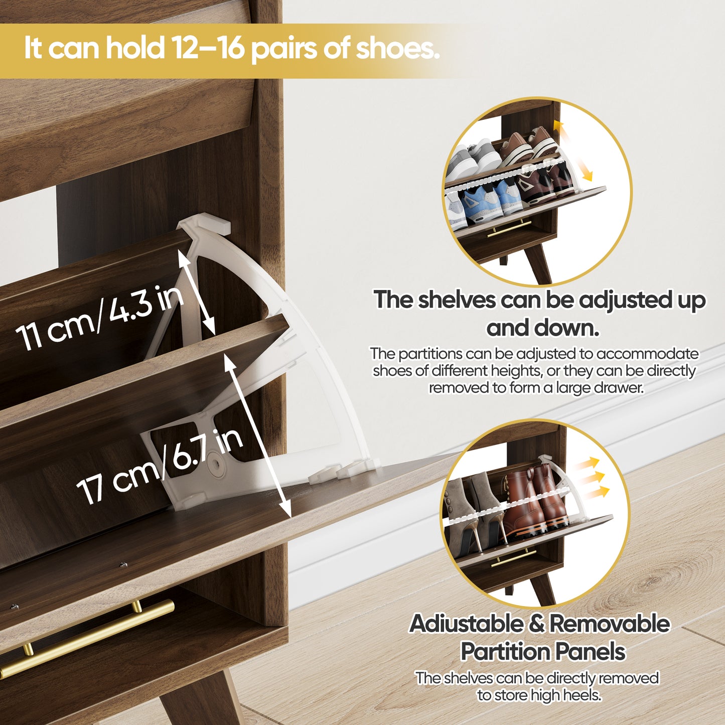 Semiocthome Mid-Century Shoe Cabinet, Shoe Storage with 2 Wavy Texture Drawers for Hallway, Walnut