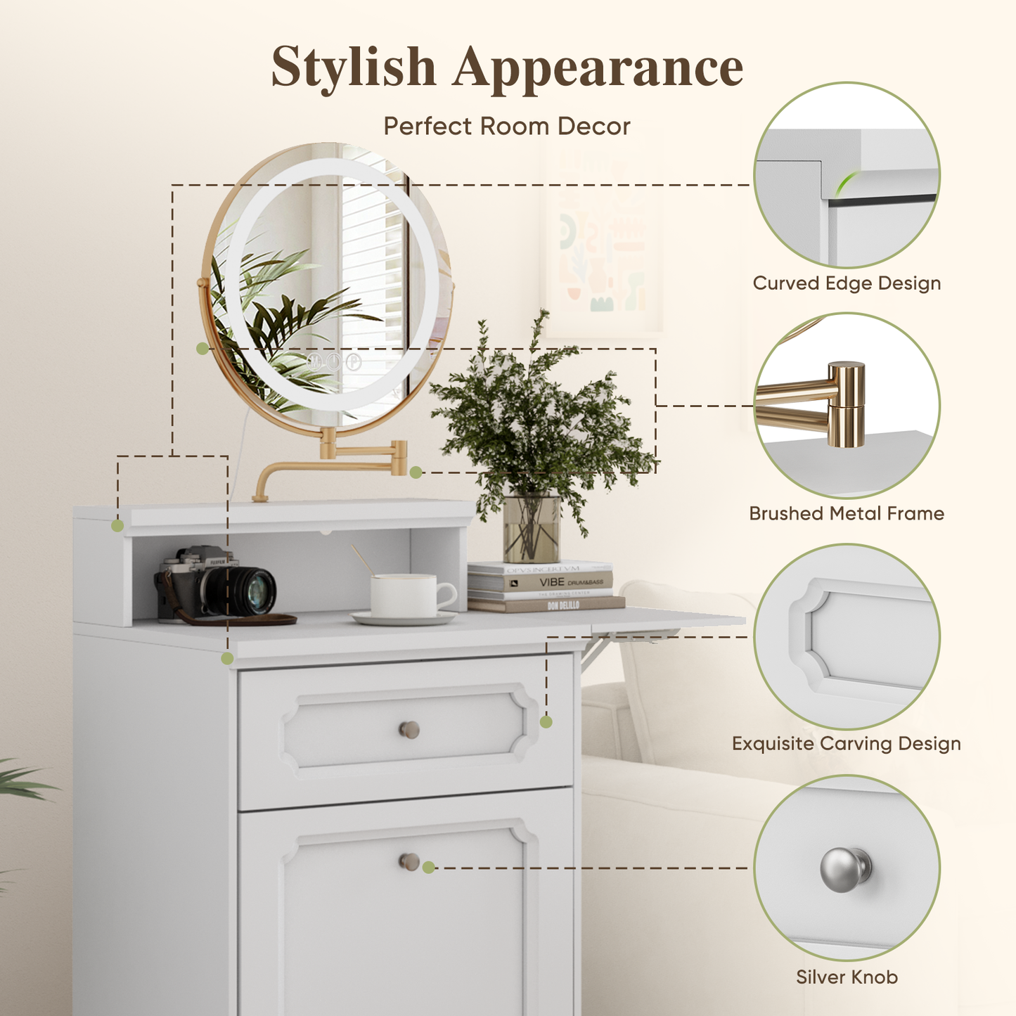 Smuxee 3 In 1 White Vanity Set with Mirror and Lights,Makeup Vanity with Drawer and Vanity Stool