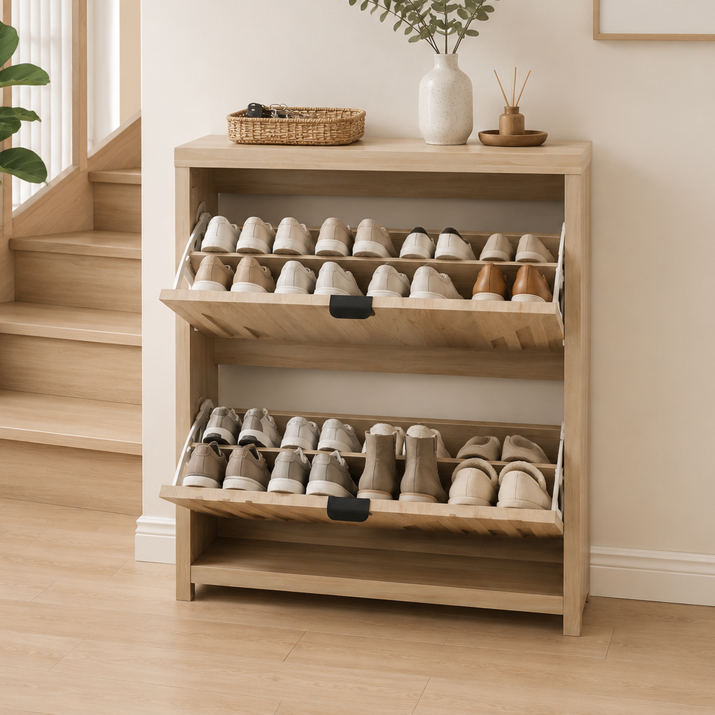 Algherohein 2 Flip Drawer Shoe Storage Cabinet, Narrow Vertical Hidden Shoe Rack Cabinet for Entryway & Hallway