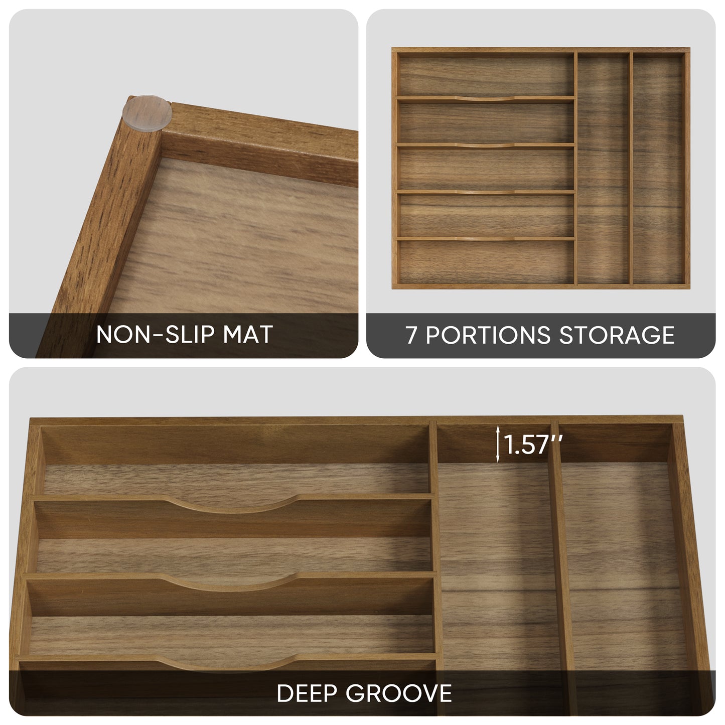 Semiocthome Drawer Organizer Silverware Organizer Kitchen Utensil Holder,7 Slots, Acacia Wood
