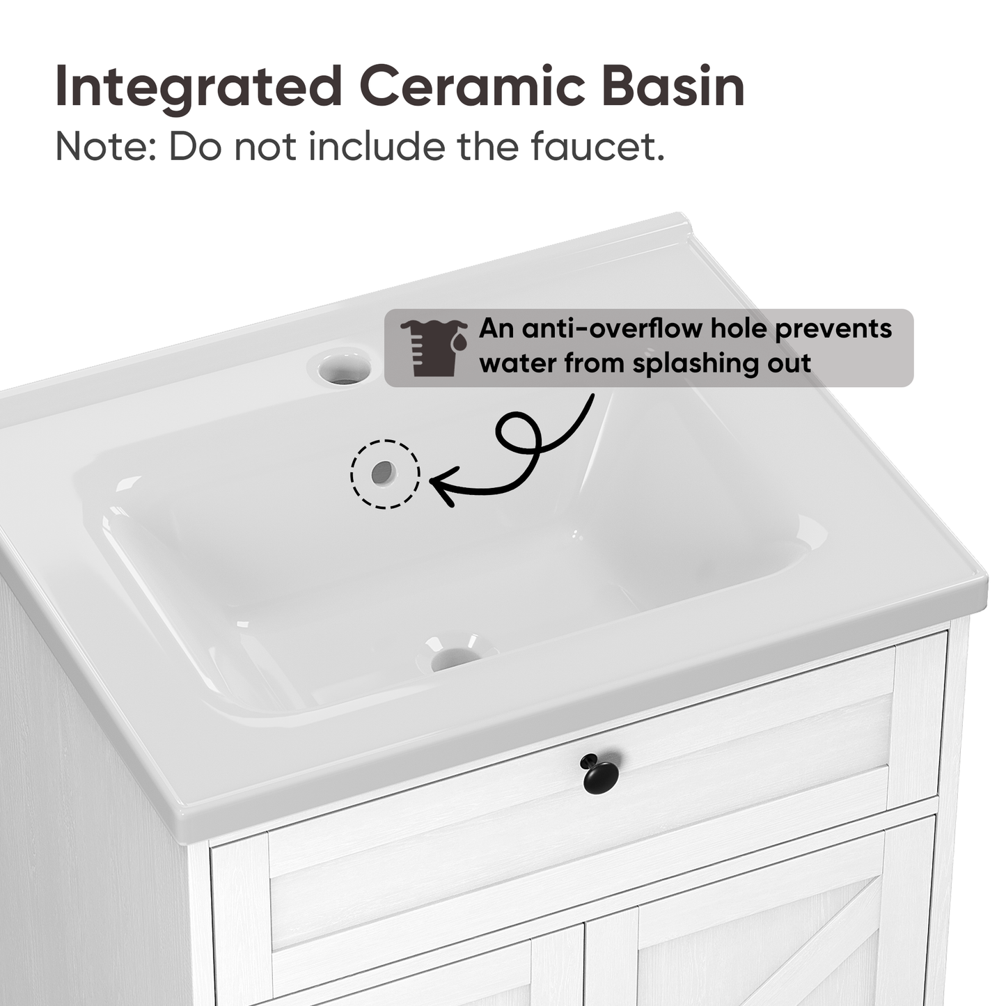 24" Bathroom Vanity with Ceramic Sink, Freestanding Bathroom Storage Cabinet with Barn Door and Flip-Down Drawer, White