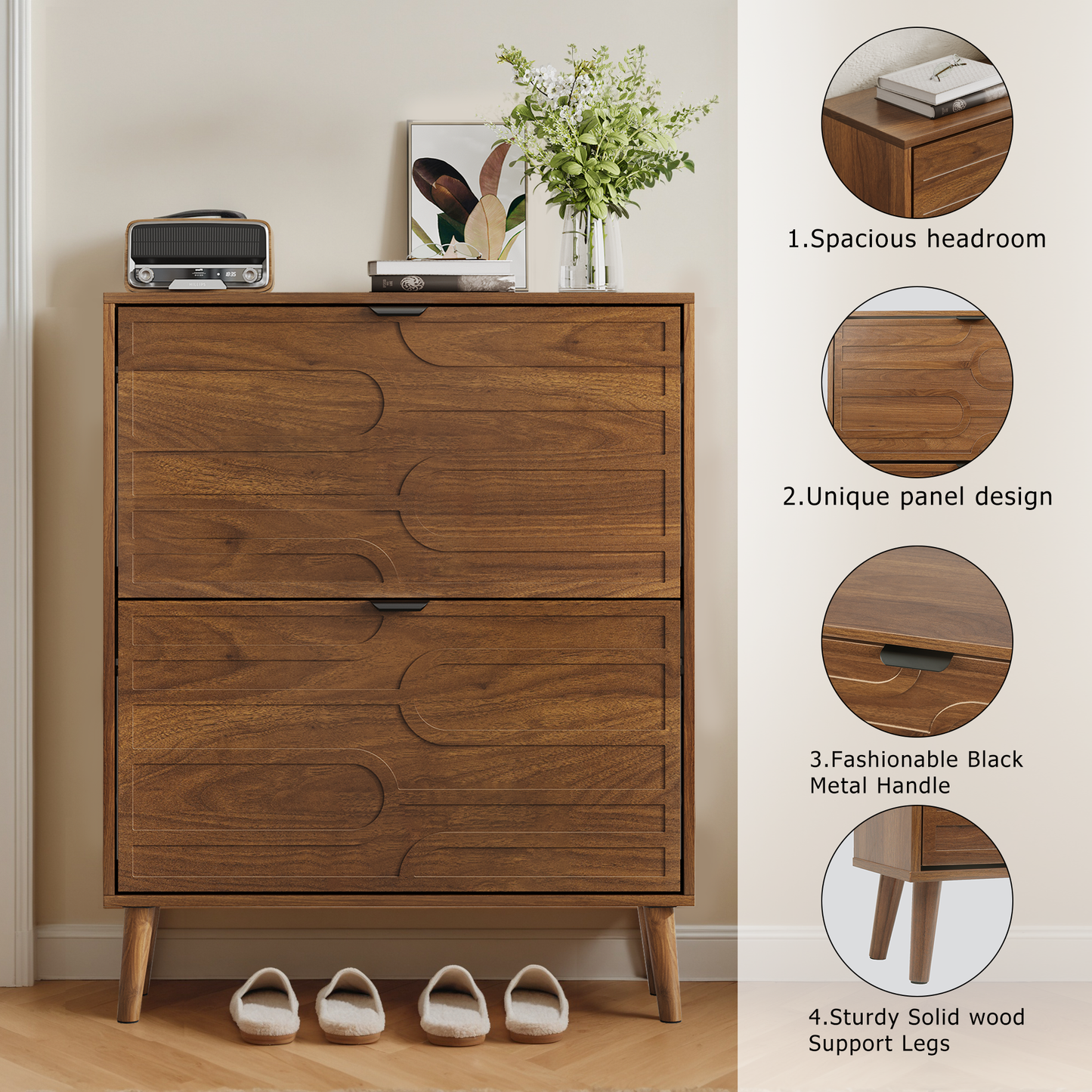 Semiocthome Shoe Cabinet with 2 Flip Drawers, Wood Shoe Organizer for Entryway, Walnut