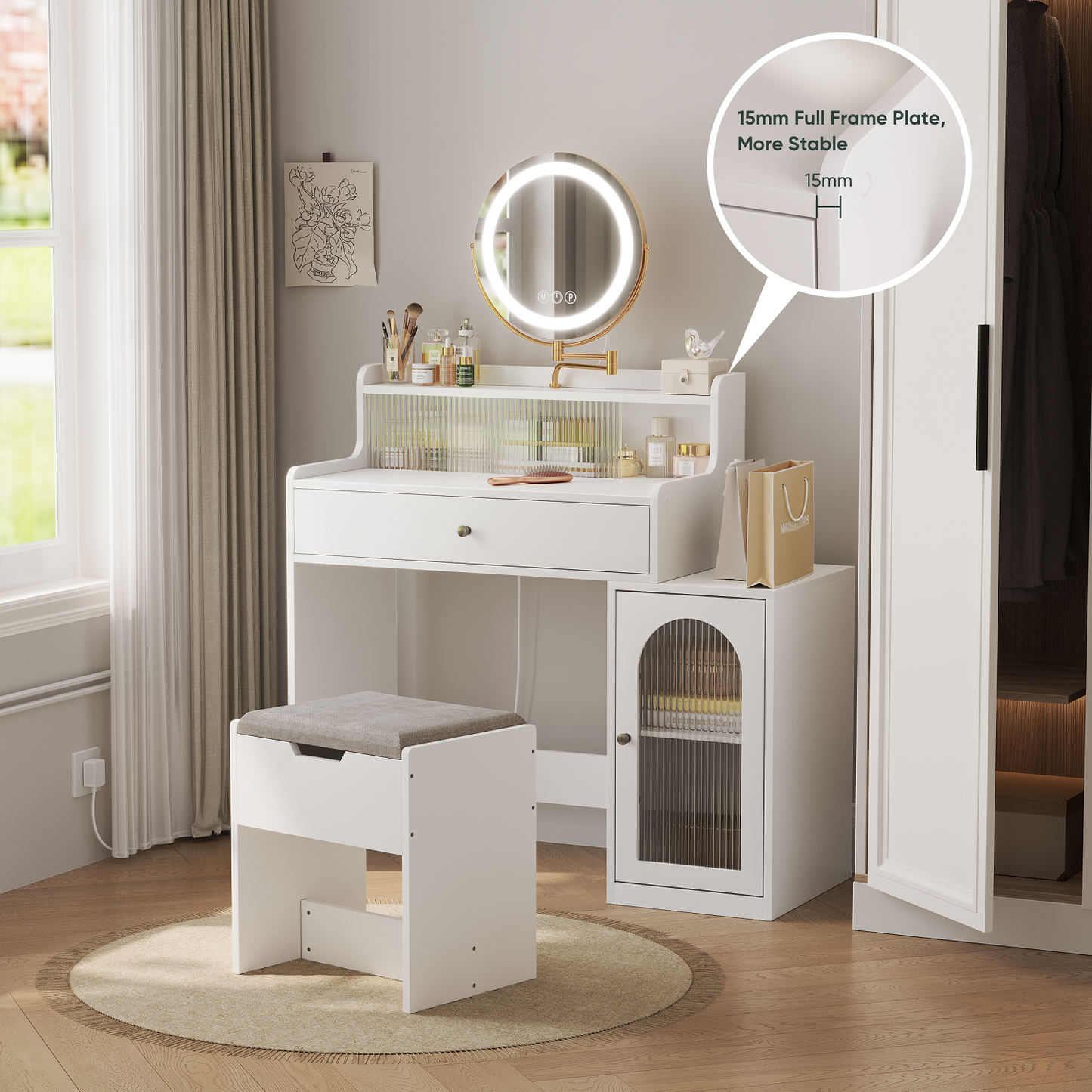 Smuxee White Vanity Set with Mirror and Lights,Makeup Vanity with Drawer and Glass Cabinet
