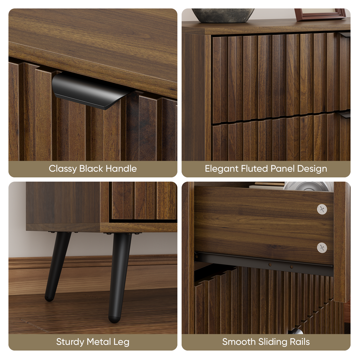 Semiocthome Dresser with 3 Fluted Drawers, Chest of Drawers for Bedroom, Walnut, Adult