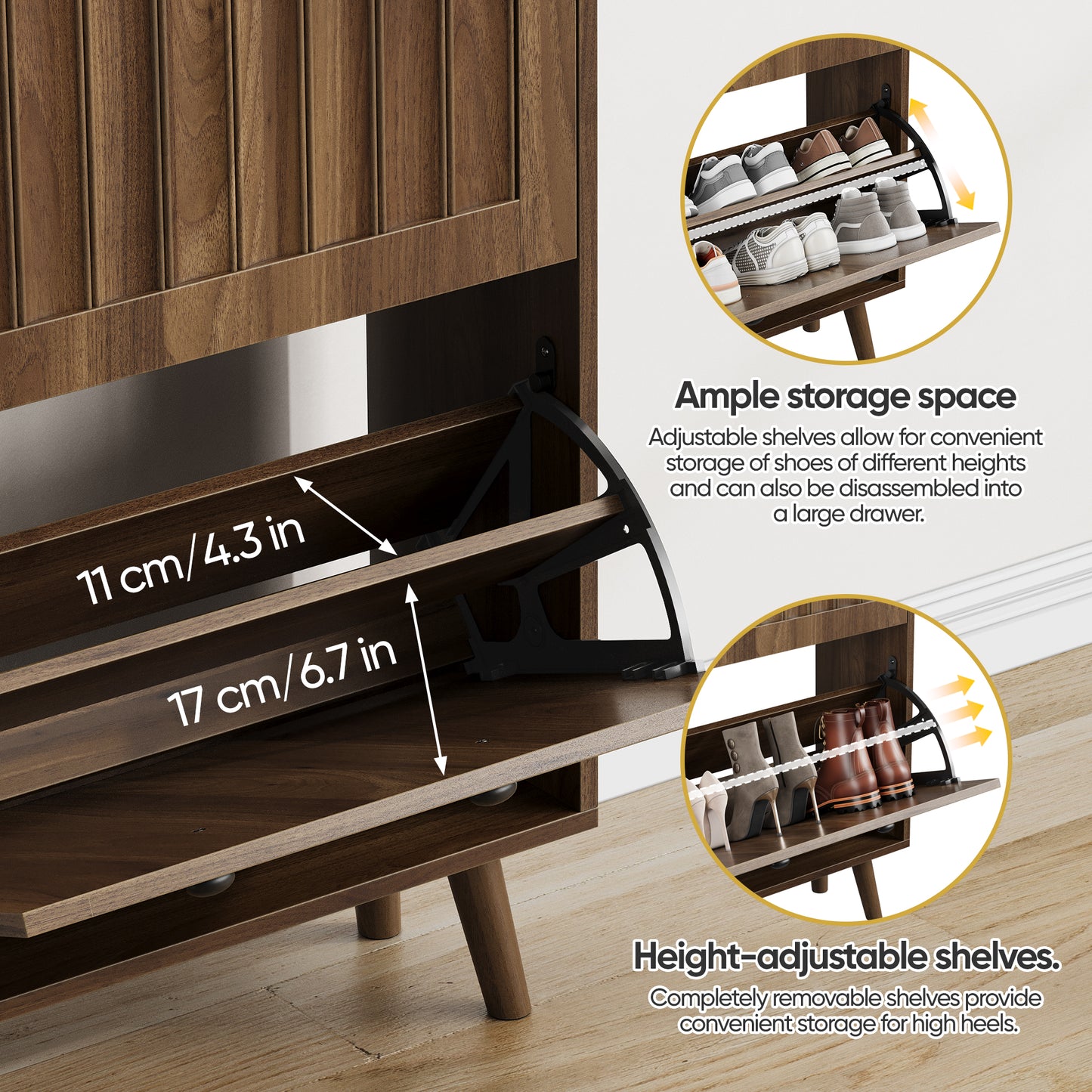 Semiocthome 23.6" Shoe Cabinet with 2 Flip Drawers, Farmhouse Shoe Rack for Entryway ,Walnut