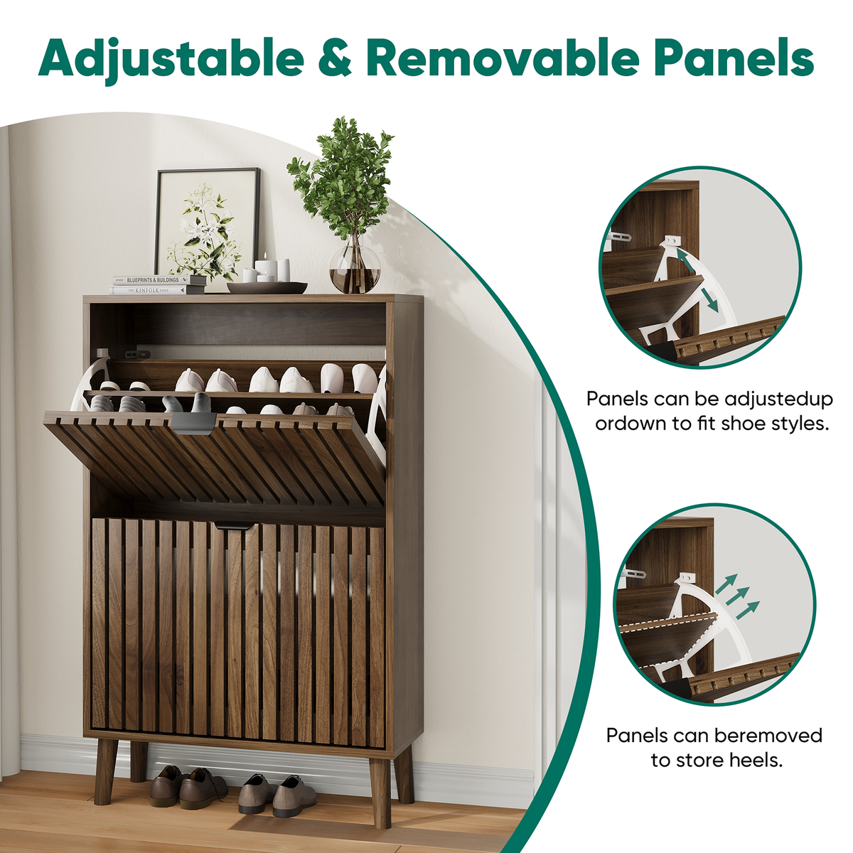 Semiocthome 23.6" Shoe Cabinet, Shoe Storage Cabinet with 2 Flip Drawers, Ventilated Grille Design,Tall Legs,Entryway, Walnut
