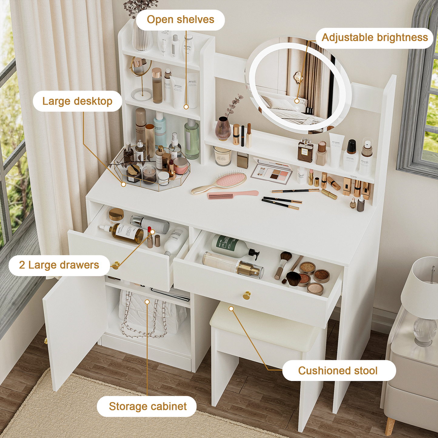 Smuxee Modern Vanity Set with Mirror and Cushioned Vanity Chair,Makeup Vanity for Bedroom,White