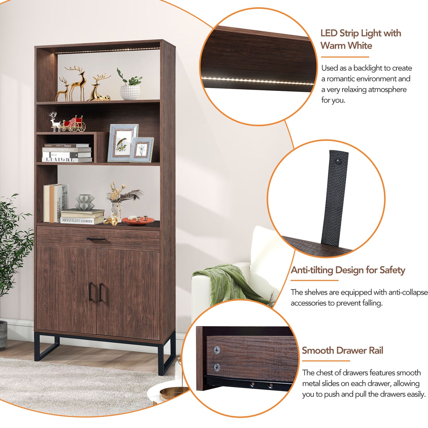 Semiocthome 75.9" Wooden Bookcase with Storage Doors and drawer Display Rack for Living Room,Brown