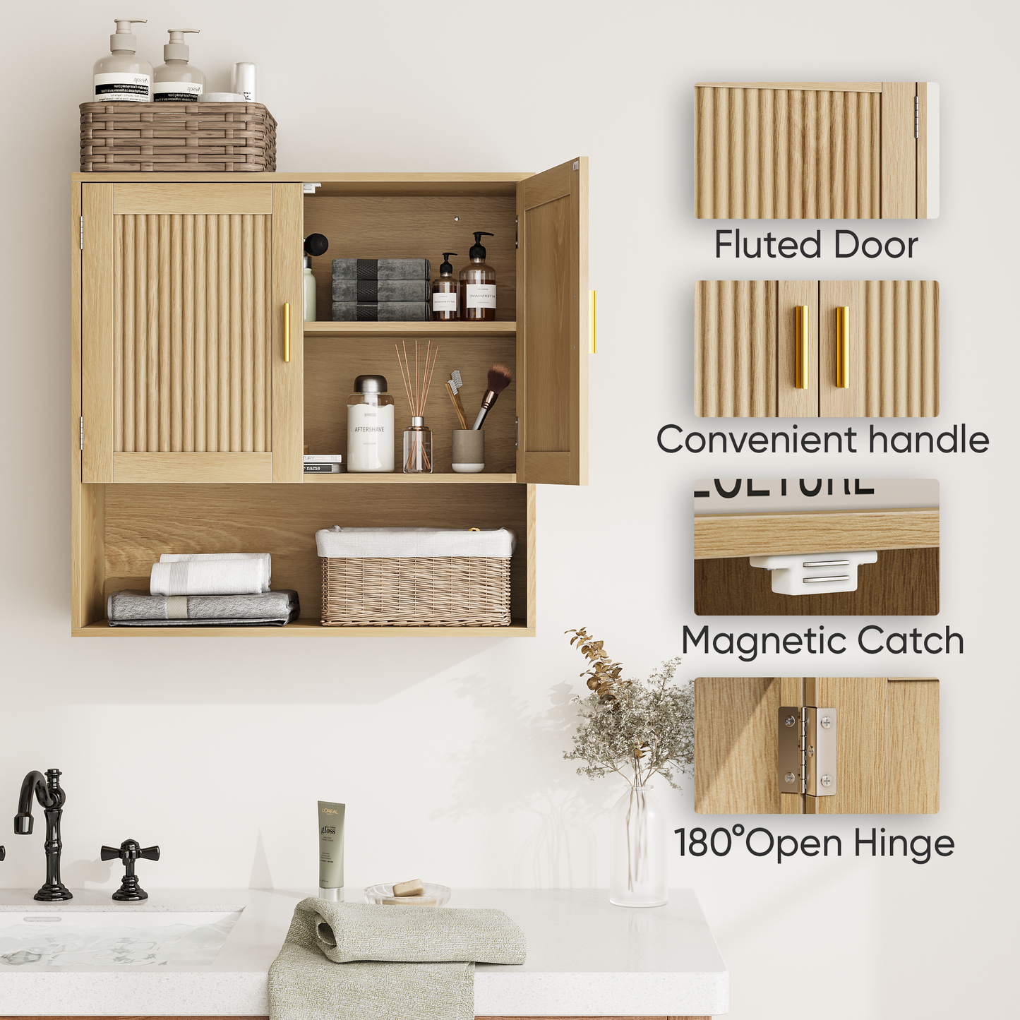 Semiocthome Wall Mounted Bathroom Cabinet Medicine Cabinet with Adjustable Shelves, Fluted Doors,Oak