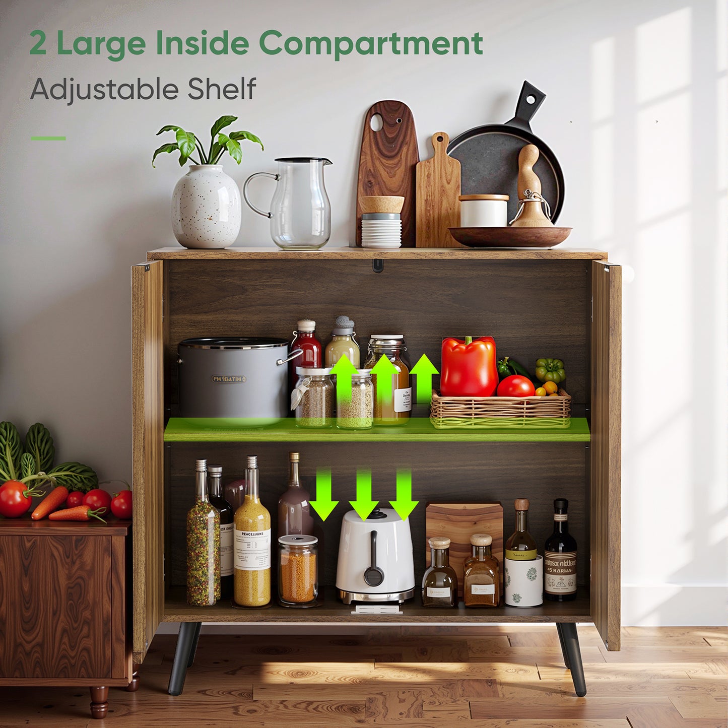 Smart FENDEE Sideboard Cabinet, Wood Storage Cabinet with 1 Adjustable Shelf, Brown