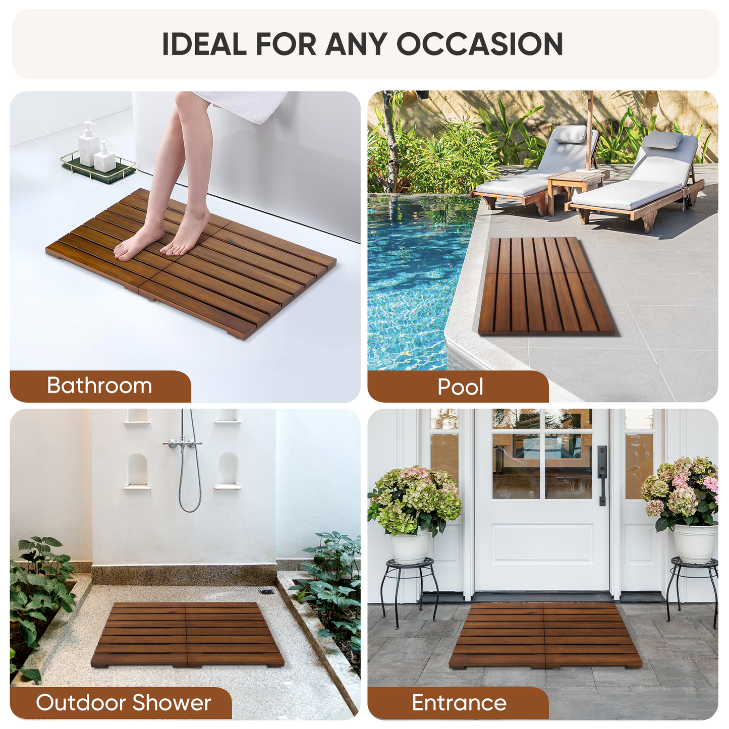 Smuxee Foldable Teak Wood Bath Mat,Non Slip Bathtub Mat 23.2in*16.2in,Indoor and Outdoor Use