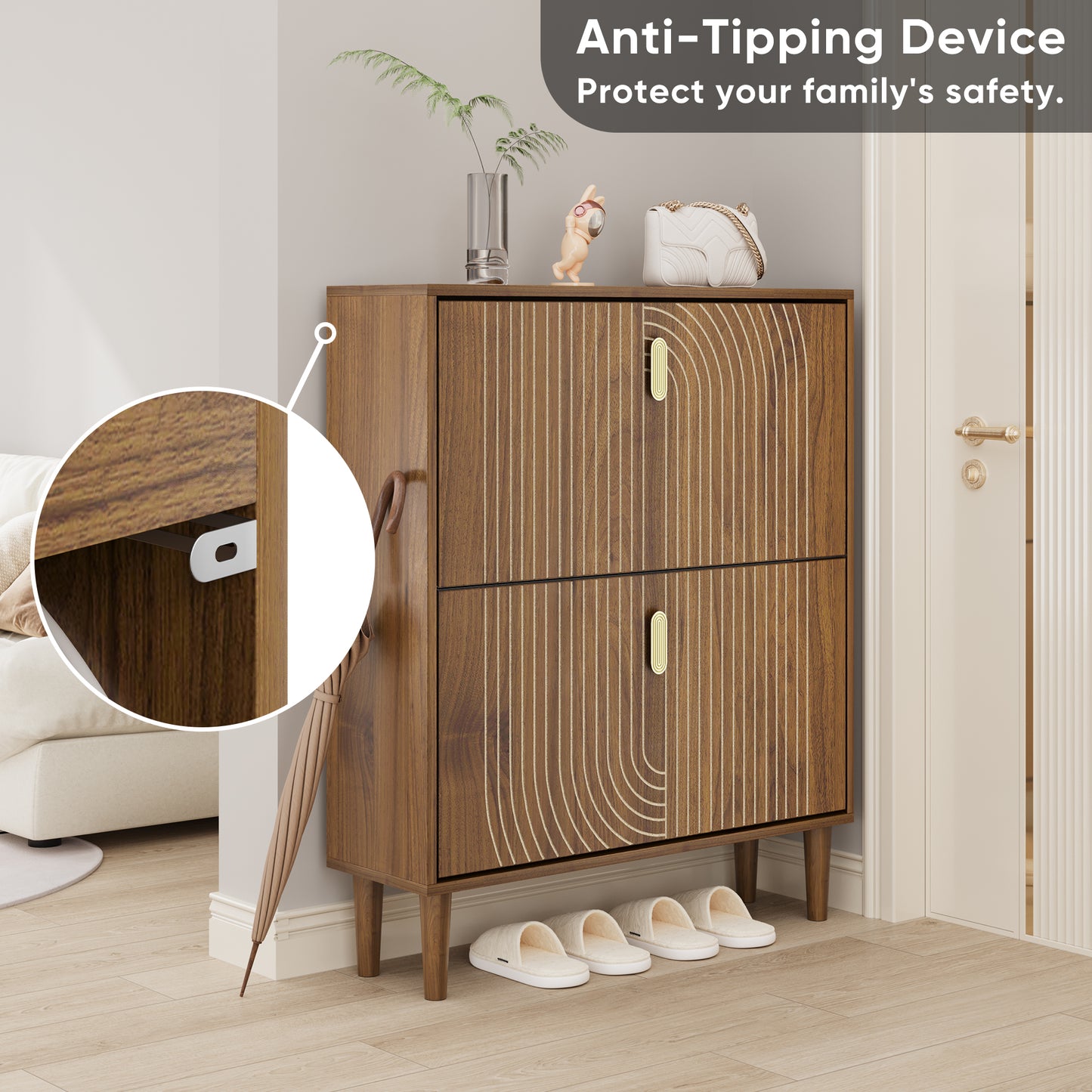 Semiocthome 31.5" Shoe Storage Cabinet with 2 Flip Drawers and Line Groove Design, Entryway, Walnut