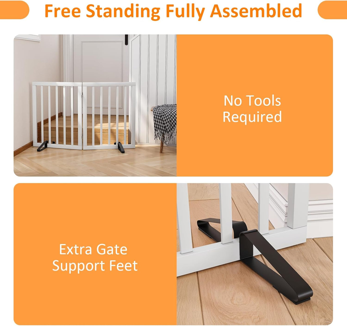 Smart FENDEE Bamboo Dog Gates for Doorways Freestanding Pet Gate, 2 Support Feet, 24"H, White
