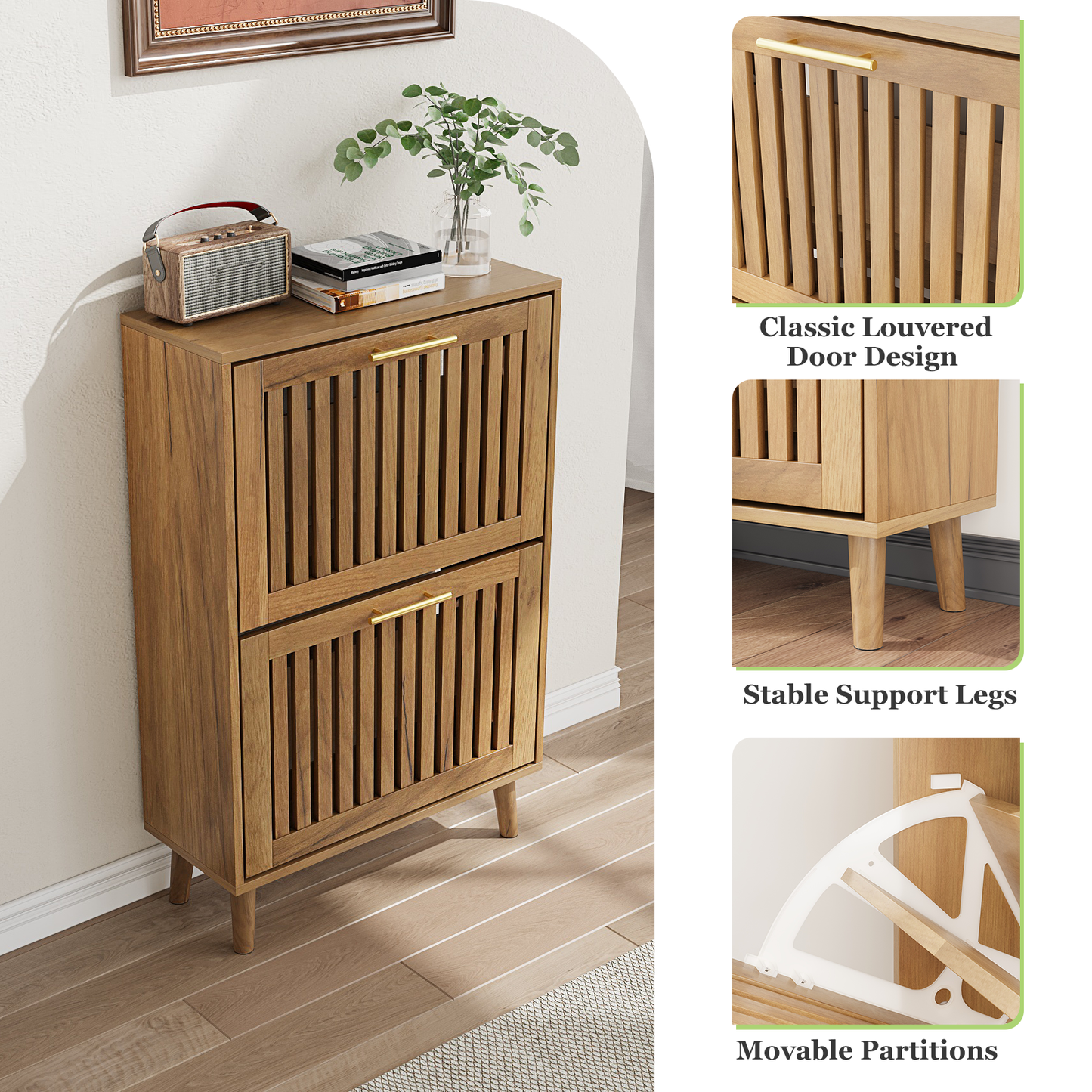 Semiocthome 31.5" Shoe Storage Cabinet with 2 Flip Louvered Drawers for Entryway, Hallway, Natural