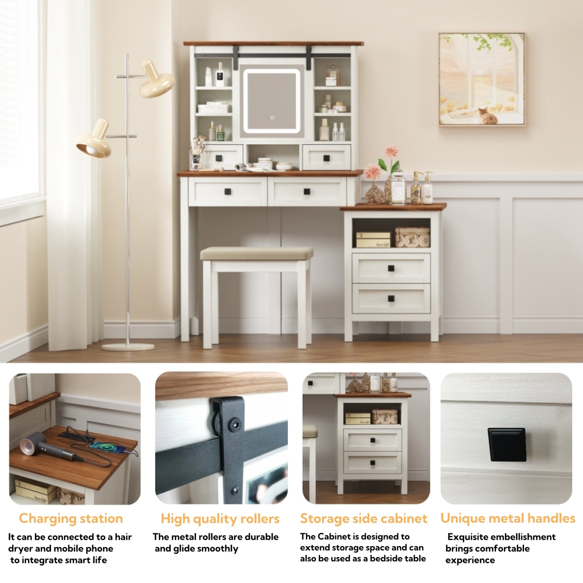 Semiocthome Farmhouse Makeup Vanity Desk with Cushioned Stool and Charging Station for Bedroom,White
