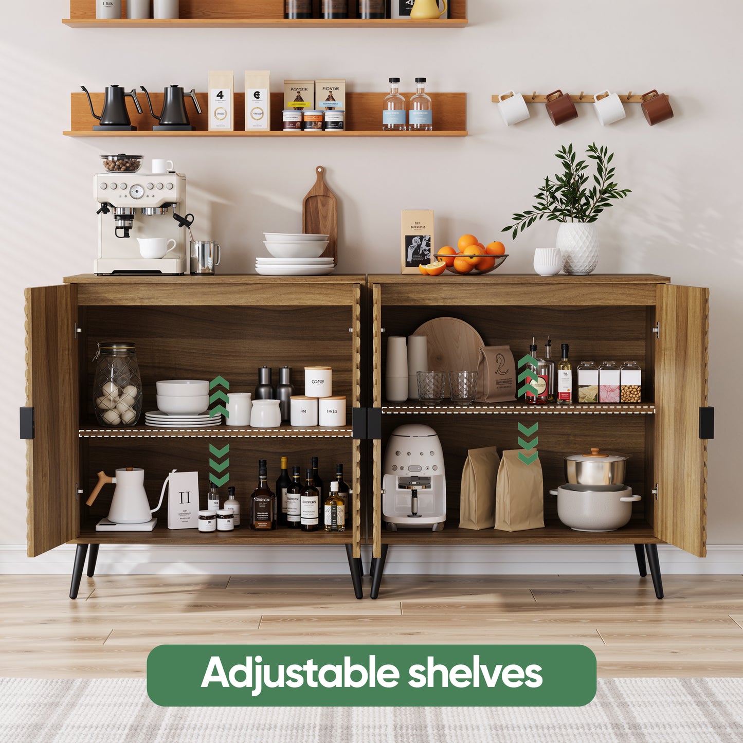 Algherohein Sideboard Cabinet with Two Doors Adjustable Shelves,Freestanding TV Stand,Coffee Bar for Kitchen, Living Room, Walnut