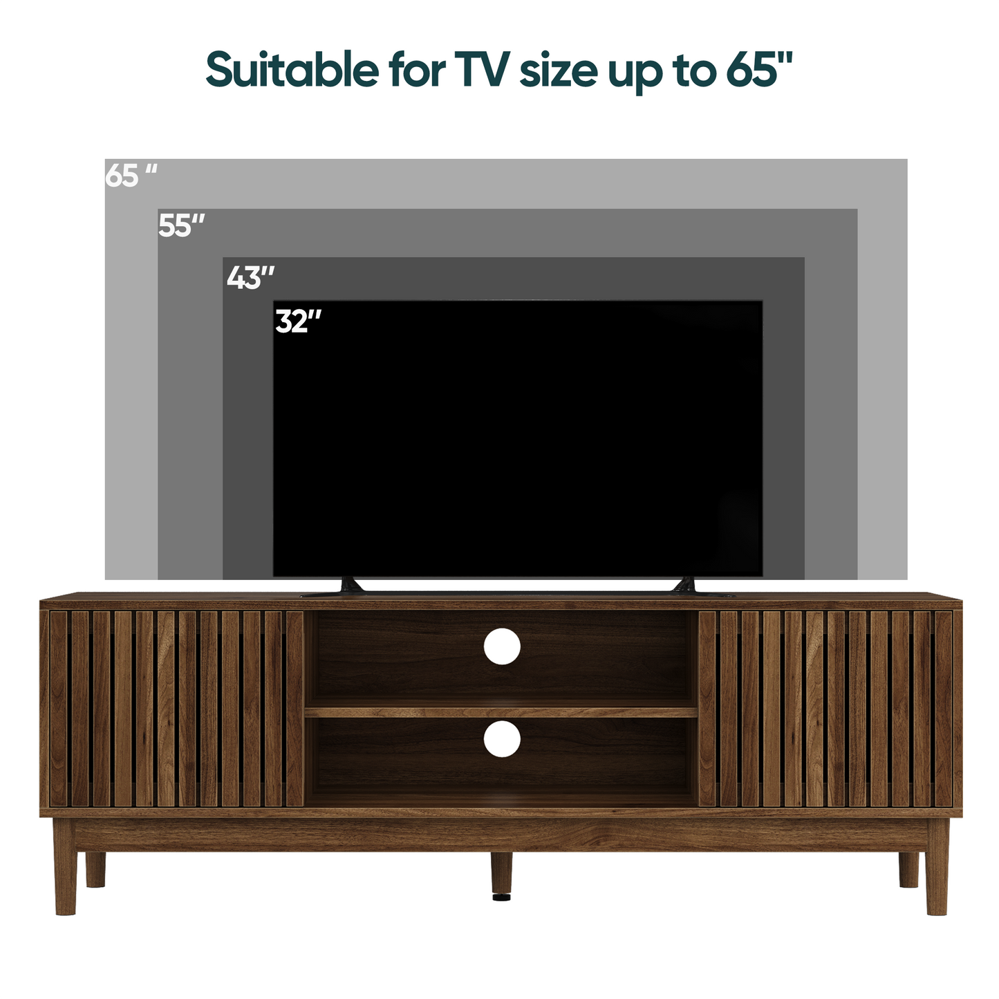 Semiocthome 55" TV Stand with Slatted Doors and Cable Holes, Entertainment Center for Living Room, Walnut