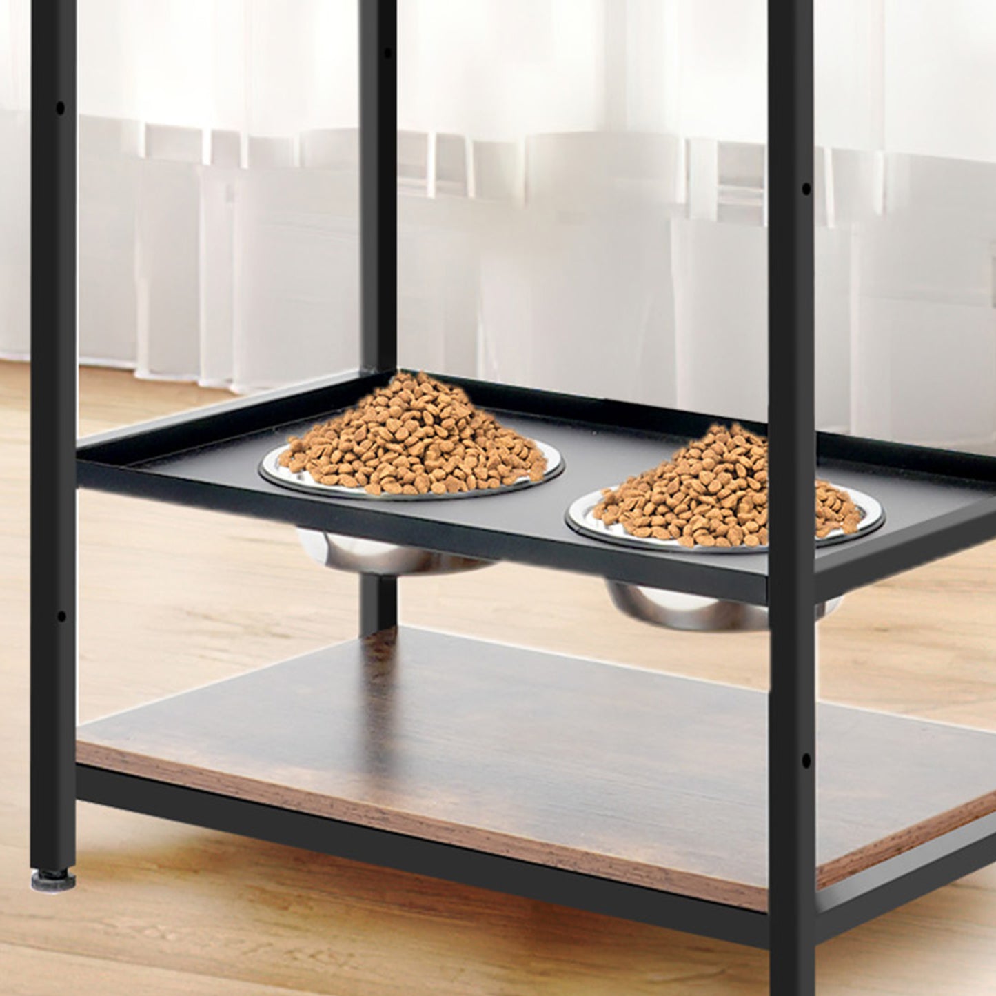 Smart FENDEE Dog Feeder Station with 3 Adjustable Raised Dog Bowls and Shelves for Living Room,Brown