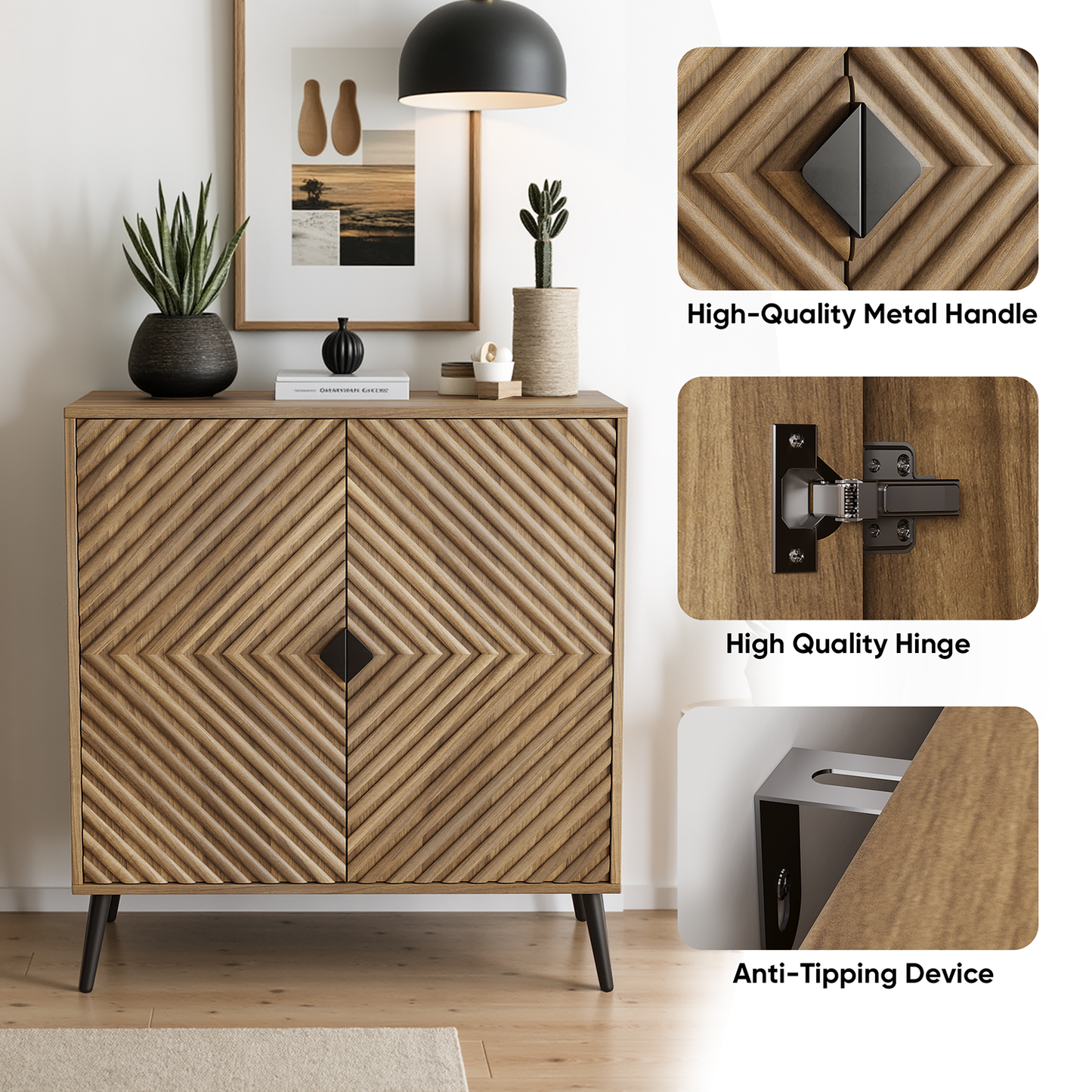 Semiocthome Buffet Cabinet with V-Shape Fluted Doors, Coffee Bar, 1 Shelf, Walnut