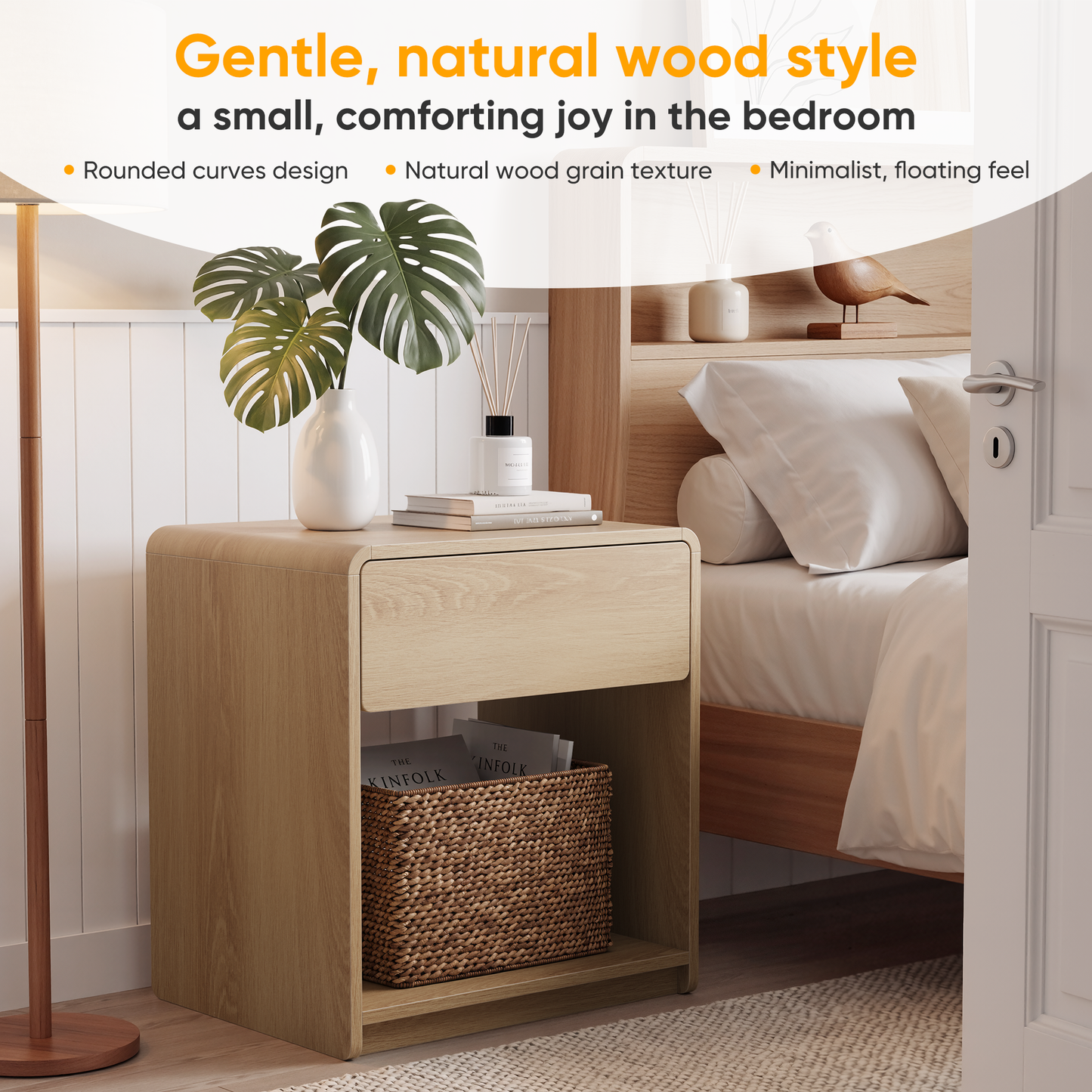 Semiocthome Modern Nightstand Set of 2 with Rounded Corners, Bedside Table for Bedroom, Oak