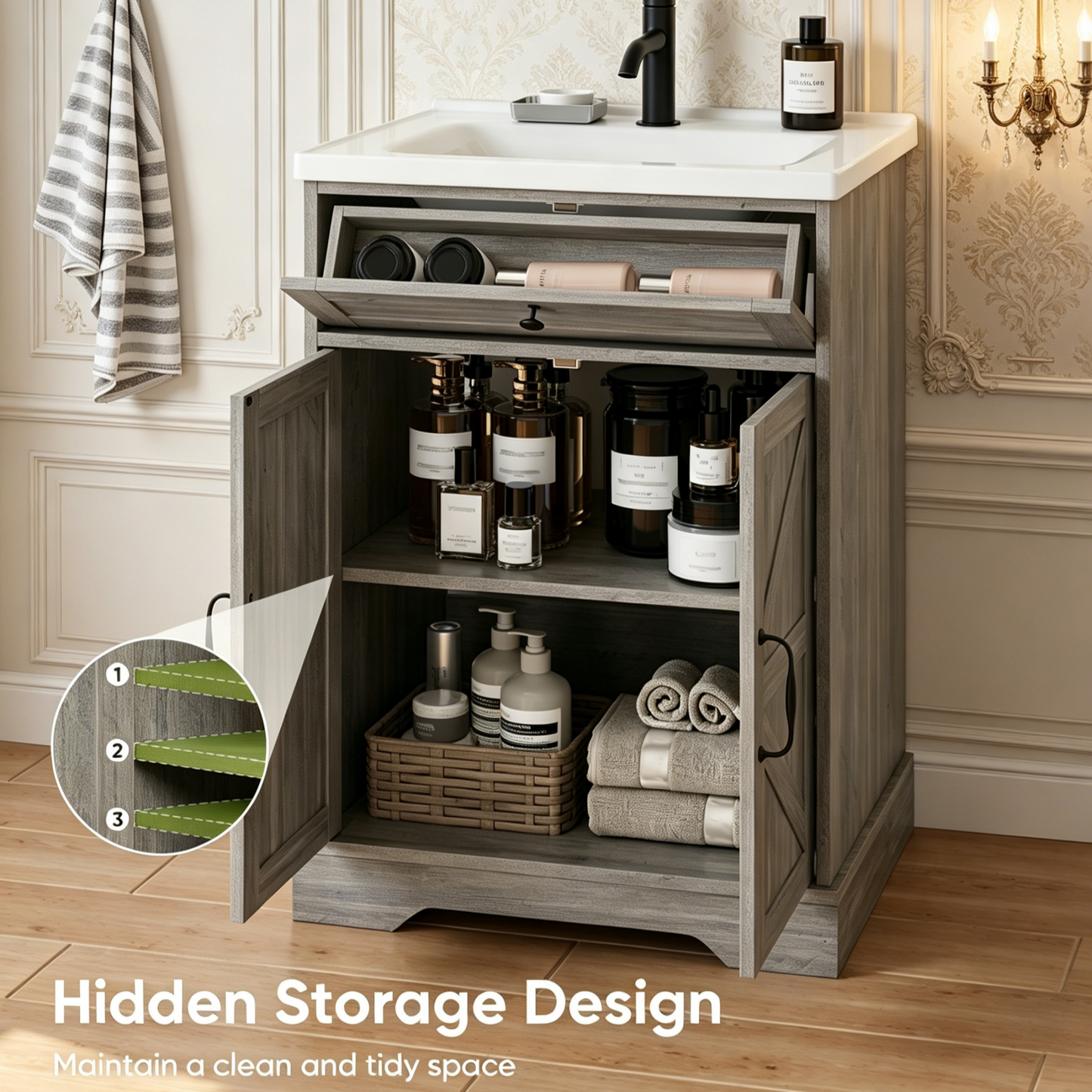 Smuxee Farmhouse Bathroom Vanity with Ceramic Sink Top, Upgrade Bathroom Storage Cabinet with Doors & Drawer