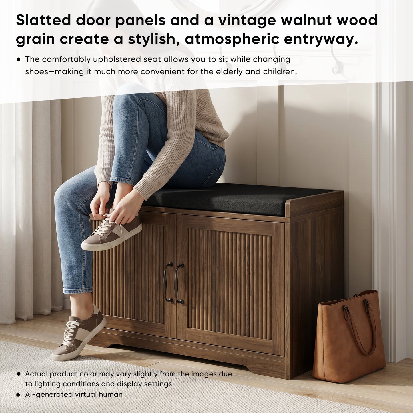 Semiocthome Shoe Bench with Storage for Entryway, Shoe Cabinet with Thick Padded Cushion, Walnut