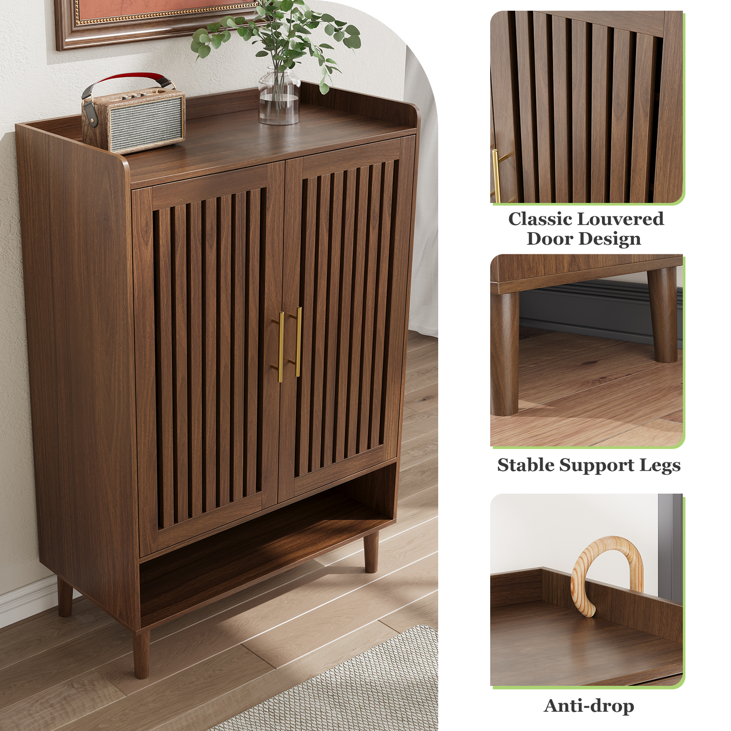 Smuxee Retro Shoe Storage Cabinet with 2 Door,Entryway Freestanding Wood Shoe Organizer for Shoes,Heels, Boots, Slippers,Walnut 31.5"W