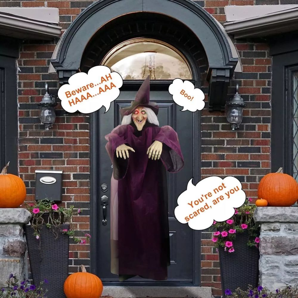 Algherohein Halloween Outdoor Decoration,Hanging Witch with Talking Glow Red Eyes