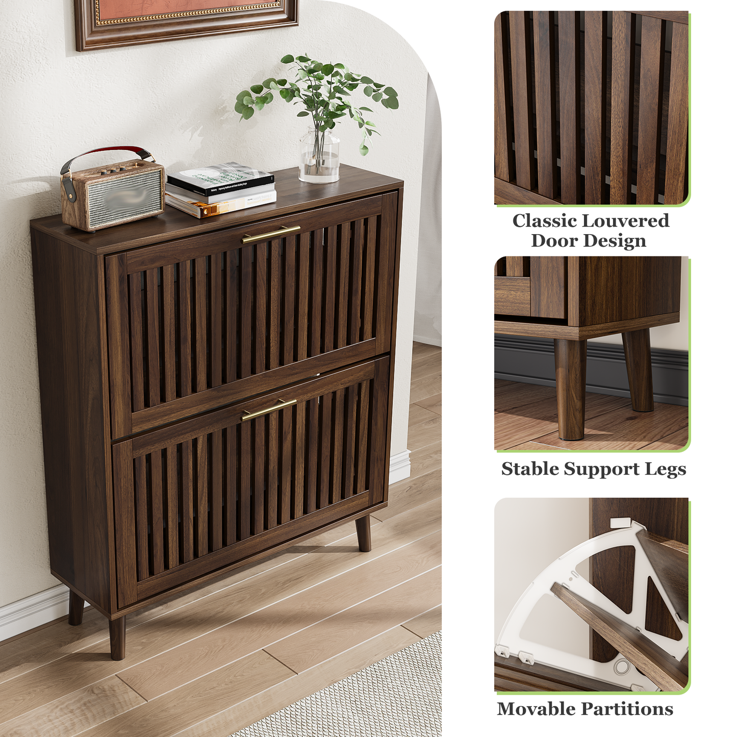 Algherohein Shoe Storage Cabinet with 2 Flip Drawers,Shoe Cabinet Entryway,Fence Walnut,Large