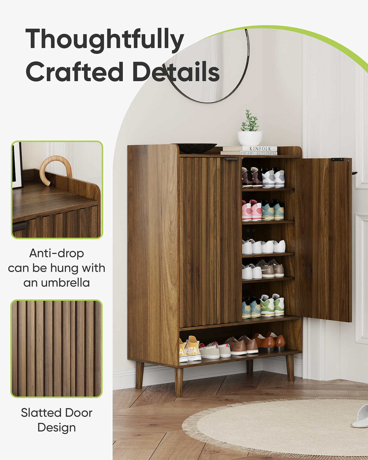 Smart FENDEE 6-Tier Shoe Storage Cabinet with 2 Fluted Doors, Entryway Shoe Storage, Walnut