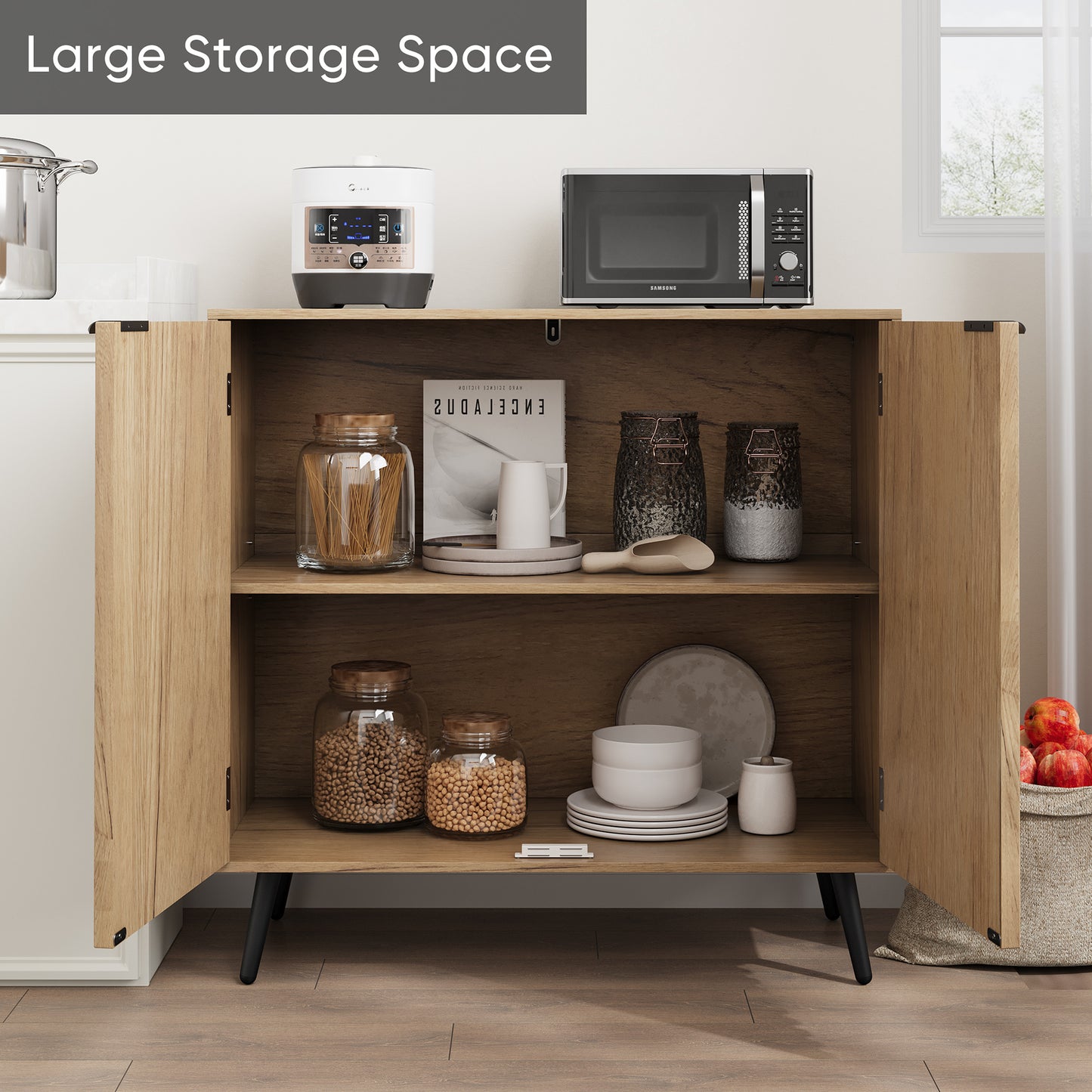 Semiocthome Sideboard Cabinet with 2 Fluted Doors and 1 Adjustable Shelves for Dining Room, Natural