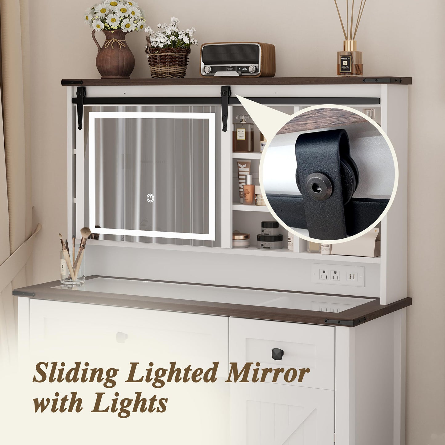 Smart FENDEE Farmhouse Makeup Vanity with Power Outlet,Glass Top,Sliding Mirror, Bedroom,White,Adult