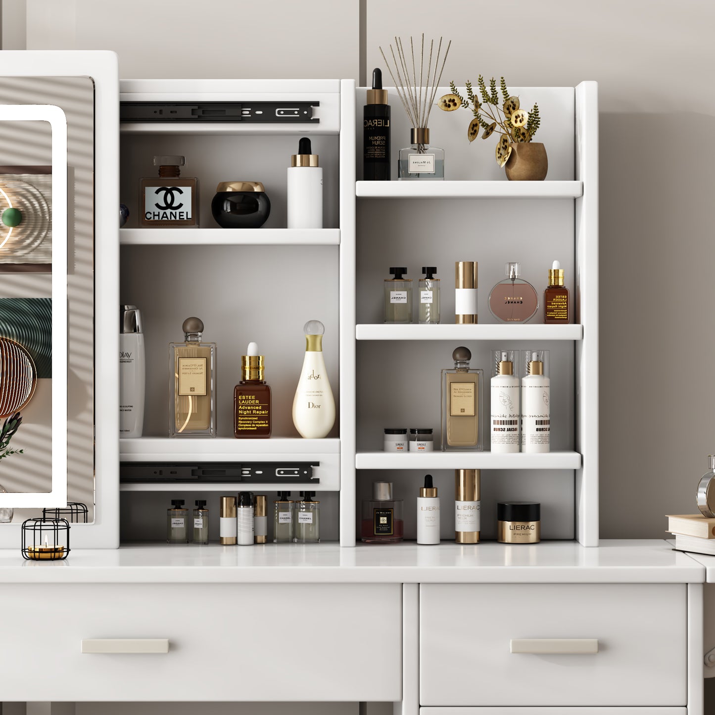 Smart FENDEE Modern Vanity Table Set with Mirror Lights, 5 Shelves,5 Drawers,Bedroom,White