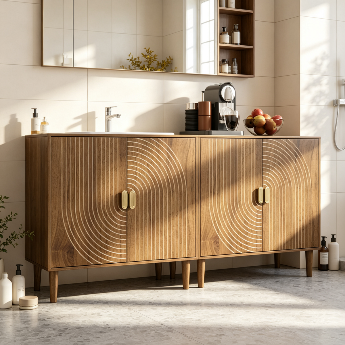 Smuxee Modern Wooden Bathroom Storage Cabinet with Carved Doors & Shelves, Freestanding Bathroom Storage Organizer,Walnut